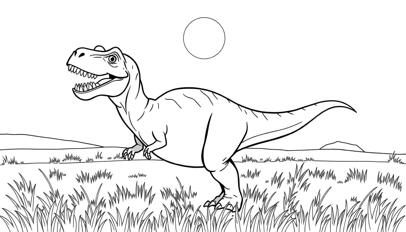 Kleurplaat van een T-Rex met open mond en tanden, in een landschap.