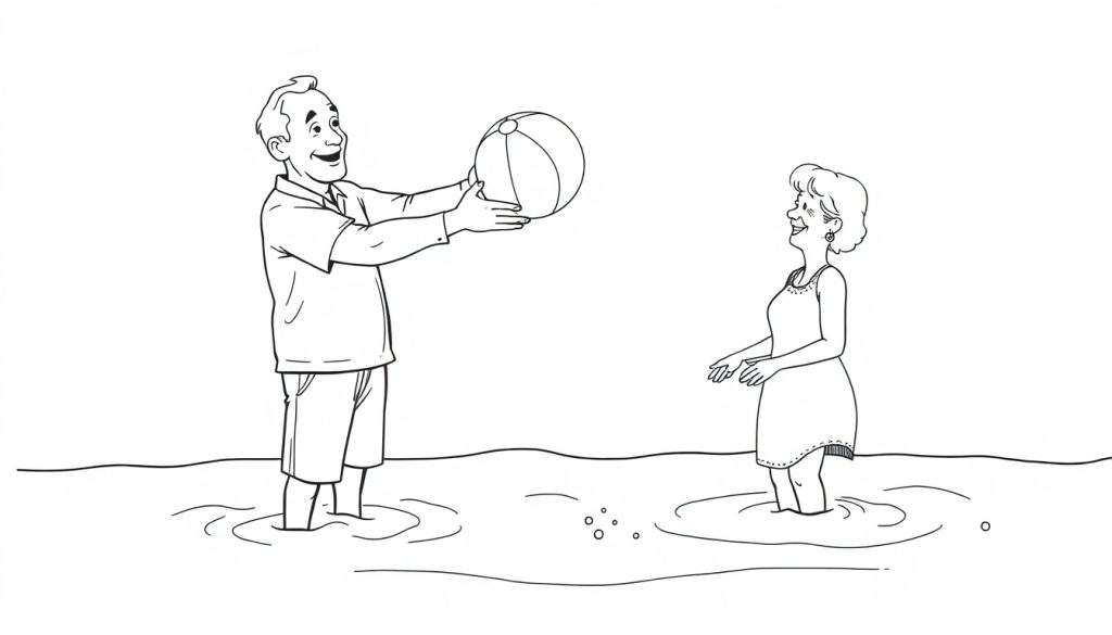 Een cartoonachtige kleurplaat van een oude man en vrouw die een bal gooien in het water op het strand.