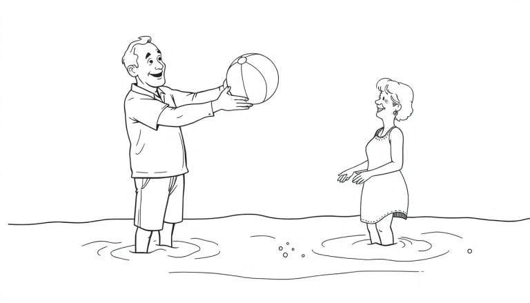 Een cartoonachtige kleurplaat van een oude man en vrouw die een bal gooien in het water op het strand.