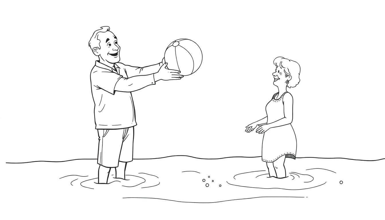 Een cartoonachtige kleurplaat van een oude man en vrouw die een bal gooien in het water op het strand.