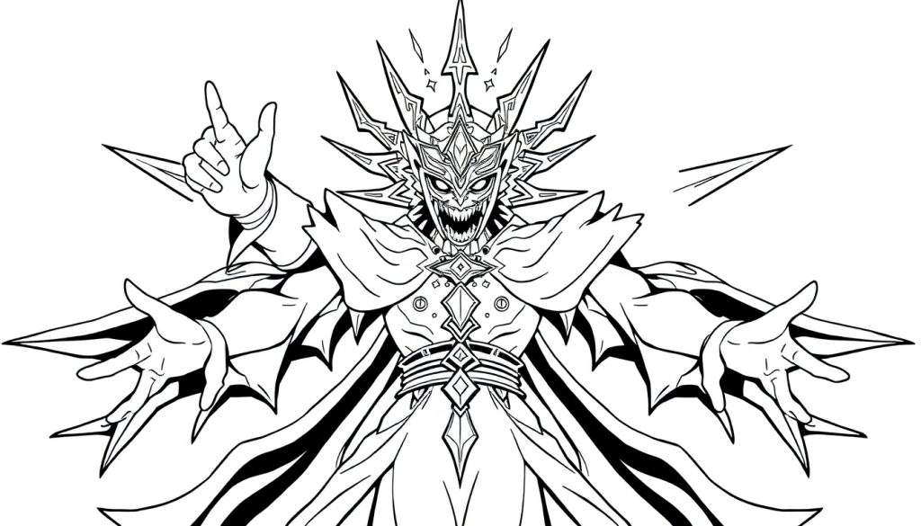 Een zwart-wit tekening van Sukuna, de vloekkoning, met een stekelige kroon en een grote grijns, in de stijl van een kleurplaat.