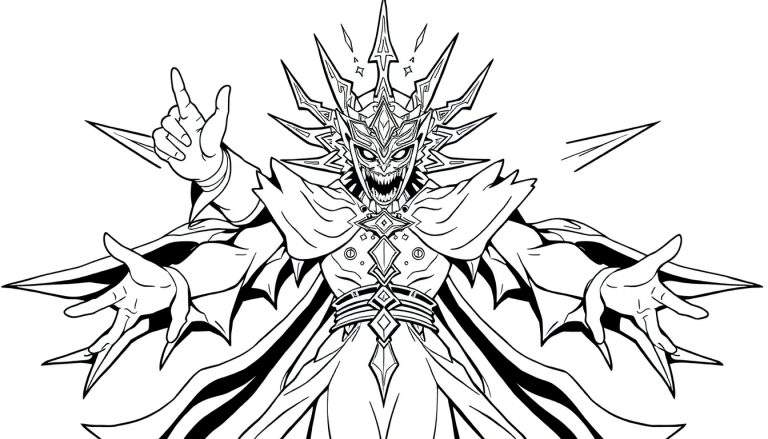 Een zwart-wit tekening van Sukuna, de vloekkoning, met een stekelige kroon en een grote grijns, in de stijl van een kleurplaat.