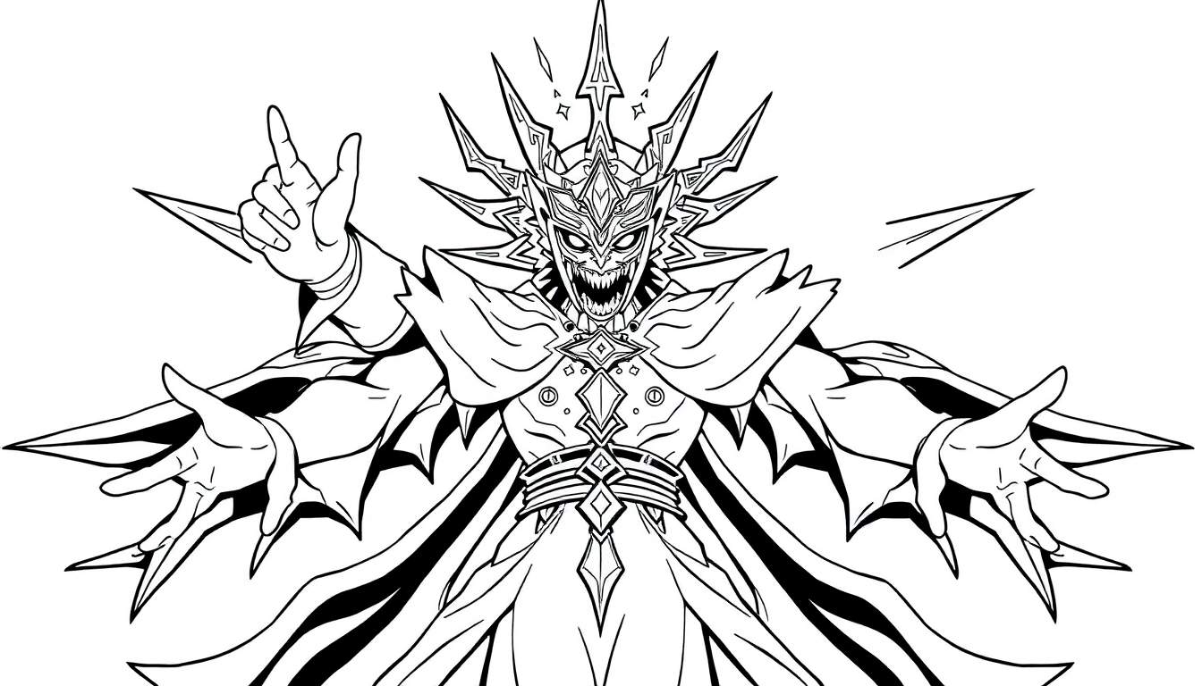 Een zwart-wit tekening van Sukuna, de vloekkoning, met een stekelige kroon en een grote grijns, in de stijl van een kleurplaat.