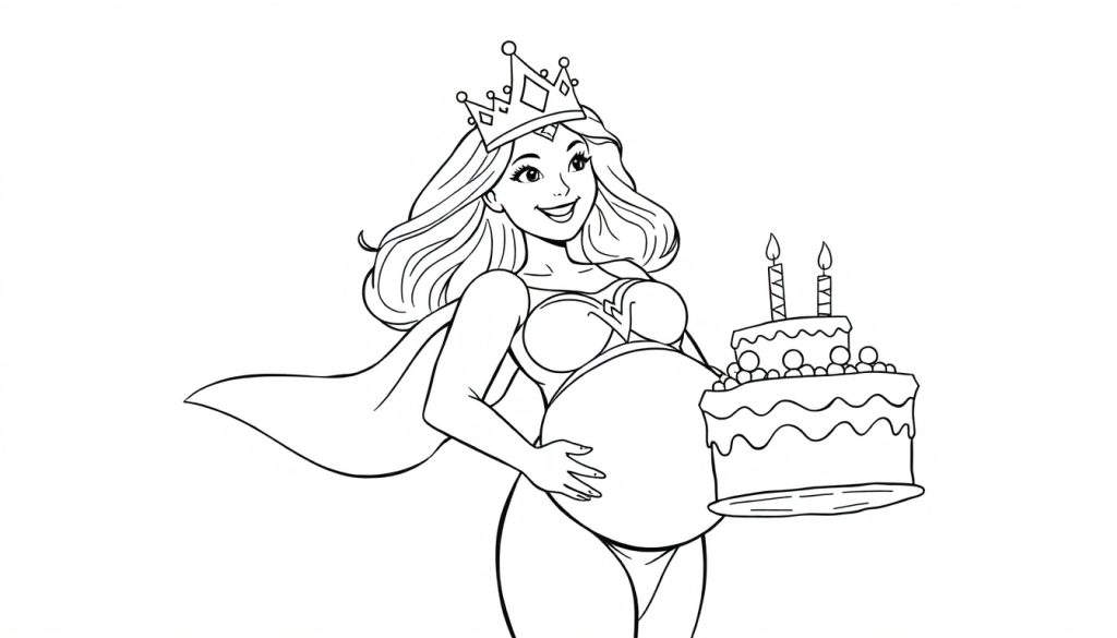 Kleurplaat van een zwangere superwoman met een kroon en taart.