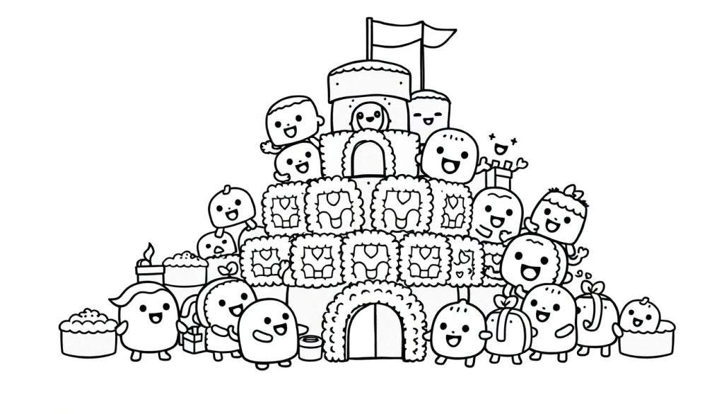 Kleurplaat van een sushikasteel met vrolijke figuurtjes.