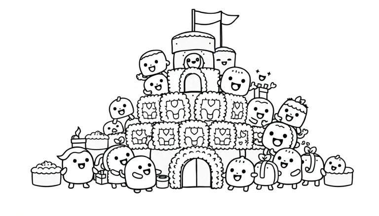 Kleurplaat van een sushikasteel met vrolijke figuurtjes.