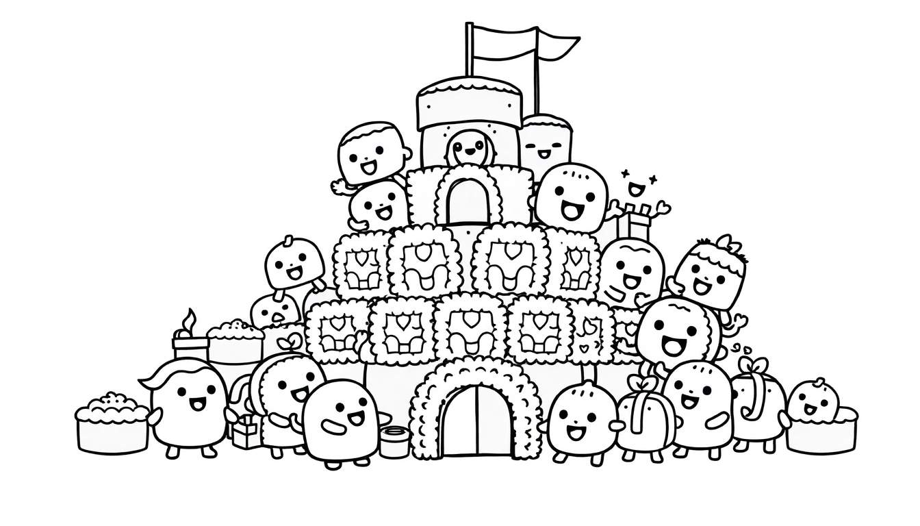 Kleurplaat van een sushikasteel met vrolijke figuurtjes.