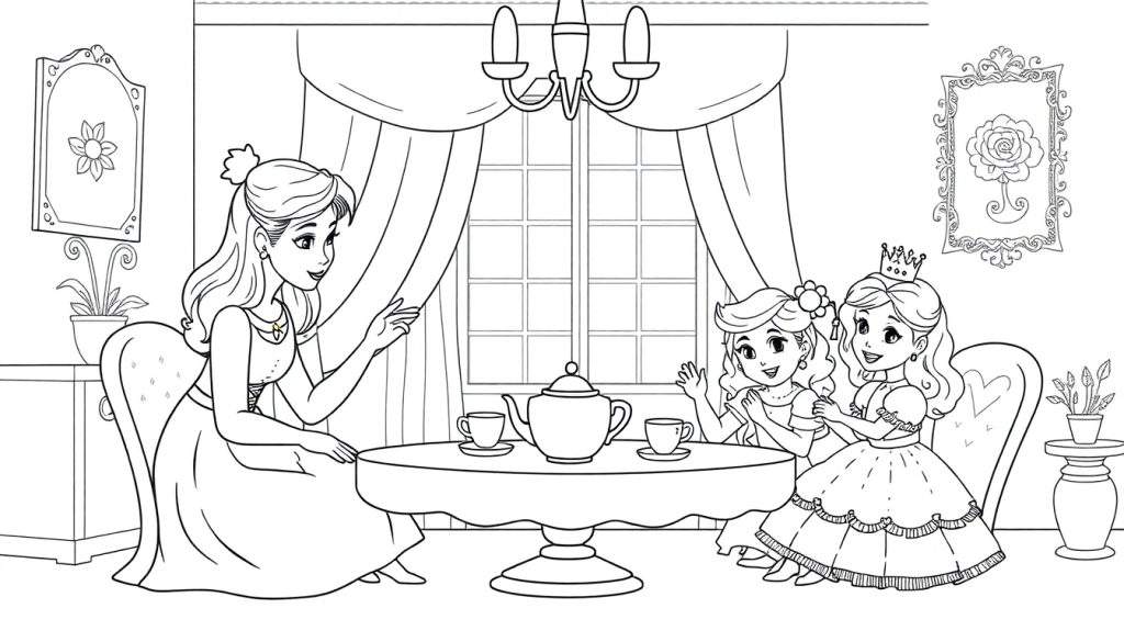 Kleurplaat van een theekransje met twee juffen en twee prinsesjes.