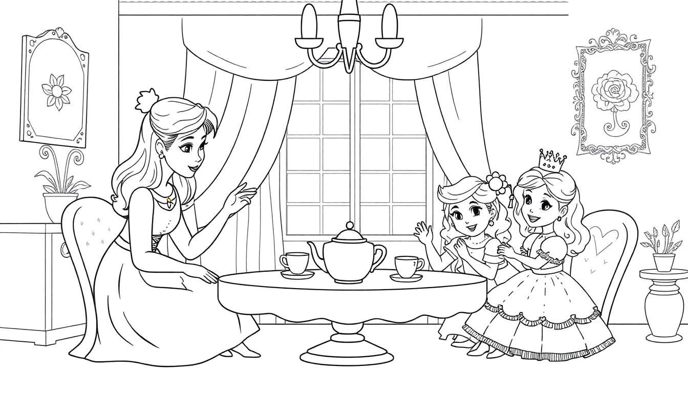 Kleurplaat van een theekransje met twee juffen en twee prinsesjes.