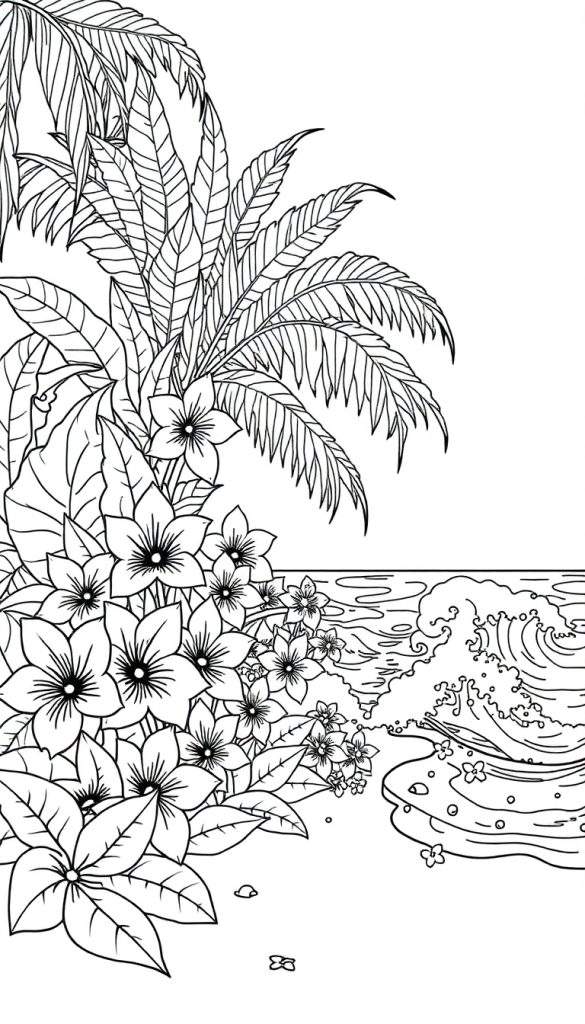 Zwart-wit kleurplaat van een tropisch strand met bloemen en palmbomen.