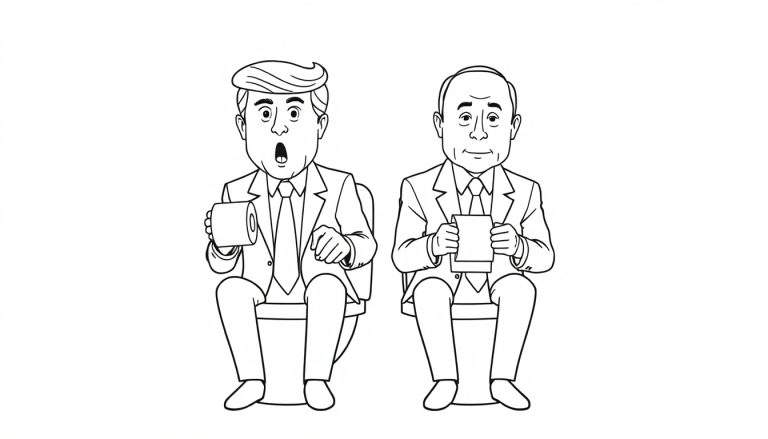Een kleurplaat van Trump en Poetin op het toilet.