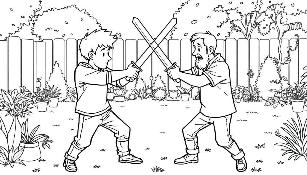 Kleurplaat van vader en zoon die zwaardvechten in de tuin