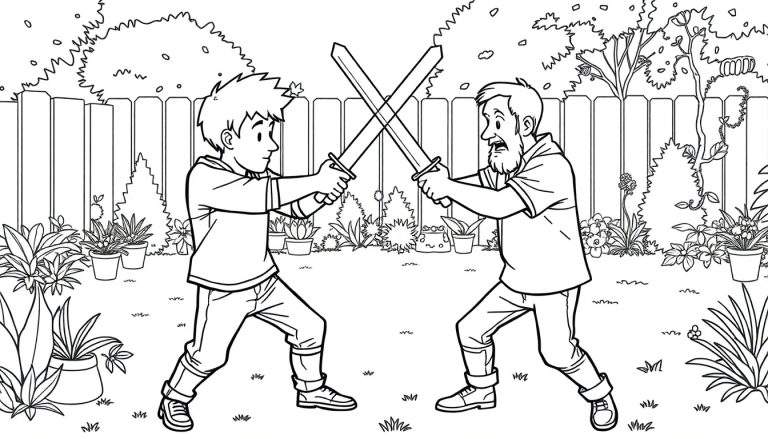 Kleurplaat van vader en zoon die zwaardvechten in de tuin