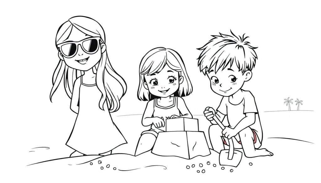 Kleurplaat van drie kinderen op een strand, met een zonnebril en jurk, een zandkasteel bouwend meisje en een jongen met schep, met palmbomen op de achtergrond.