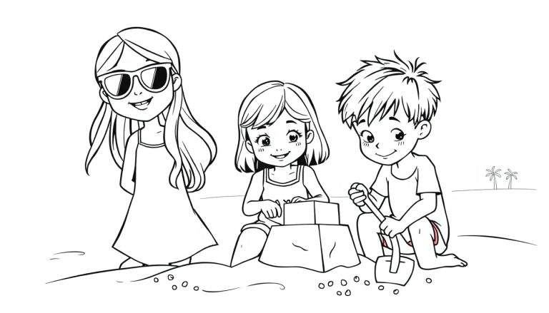 Kleurplaat van drie kinderen op een strand, met een zonnebril en jurk, een zandkasteel bouwend meisje en een jongen met schep, met palmbomen op de achtergrond.