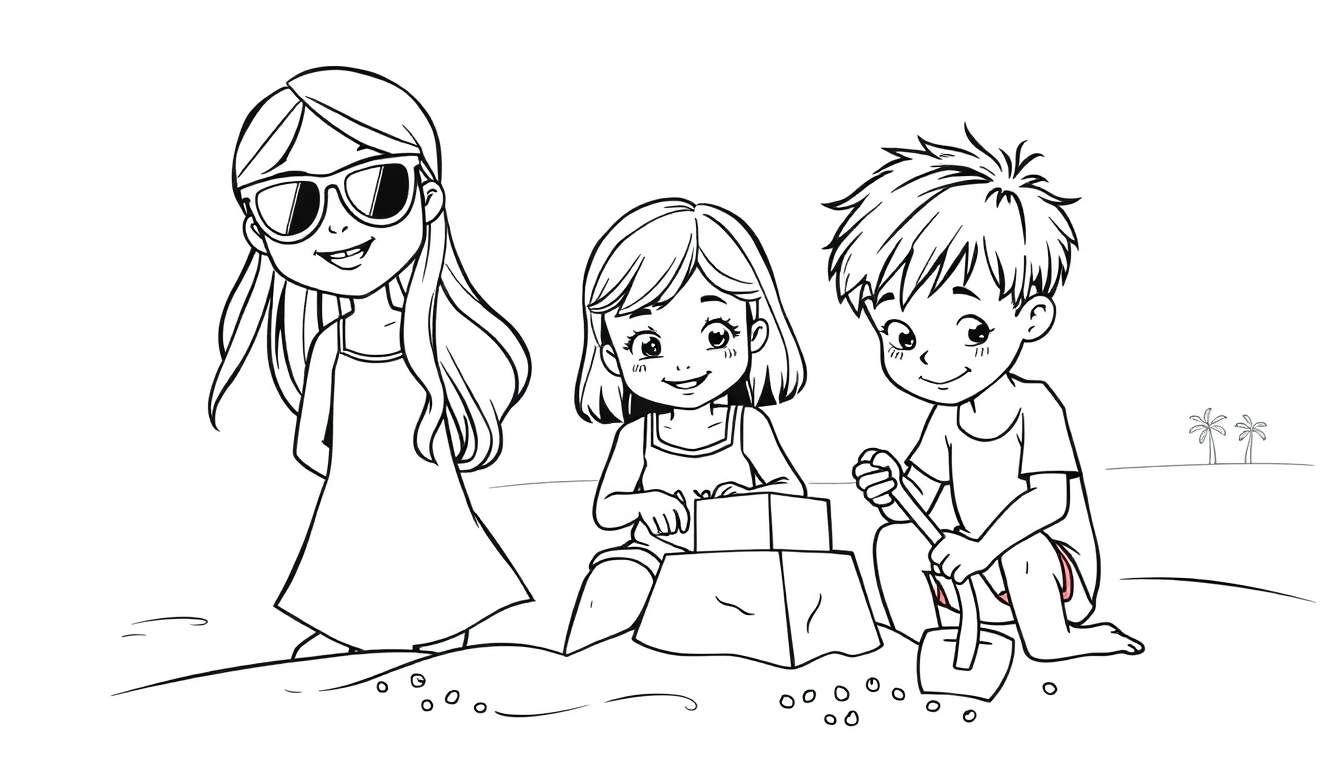 Kleurplaat van drie kinderen op een strand, met een zonnebril en jurk, een zandkasteel bouwend meisje en een jongen met schep, met palmbomen op de achtergrond.