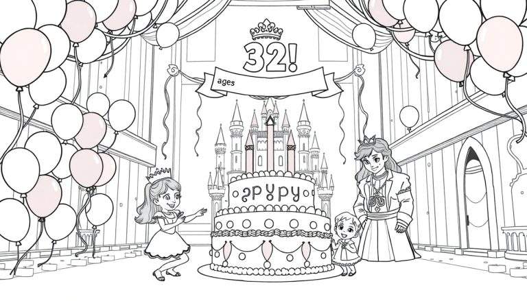 Kleurplaat van een verjaardagsfeest met een kasteeltaart, ballonnen, slingers en een gezin.