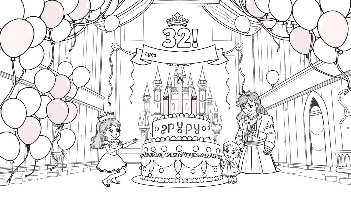 Kleurplaat van een verjaardagsfeest met een kasteeltaart, ballonnen, slingers en een gezin.
