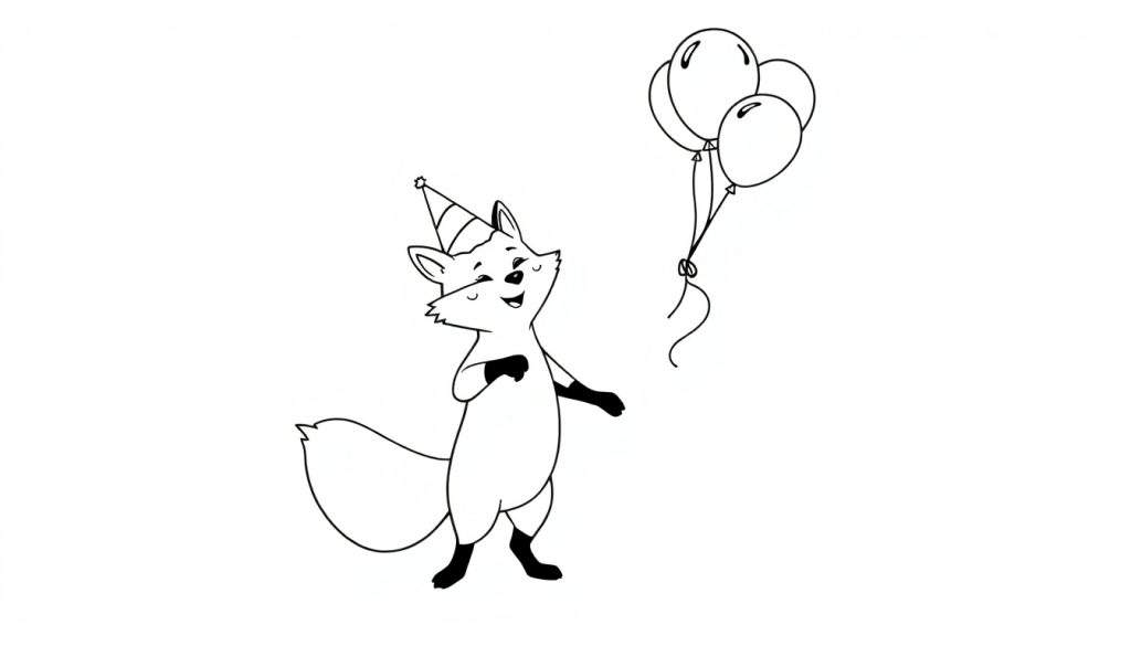 Een vrolijke vos in een feestmuts viert zijn verjaardag met ballonnen in deze kleurplaat.