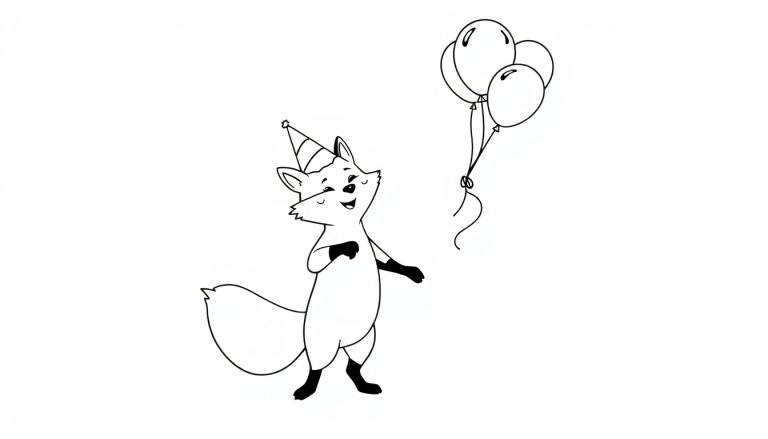 Een vrolijke vos in een feestmuts viert zijn verjaardag met ballonnen in deze kleurplaat.