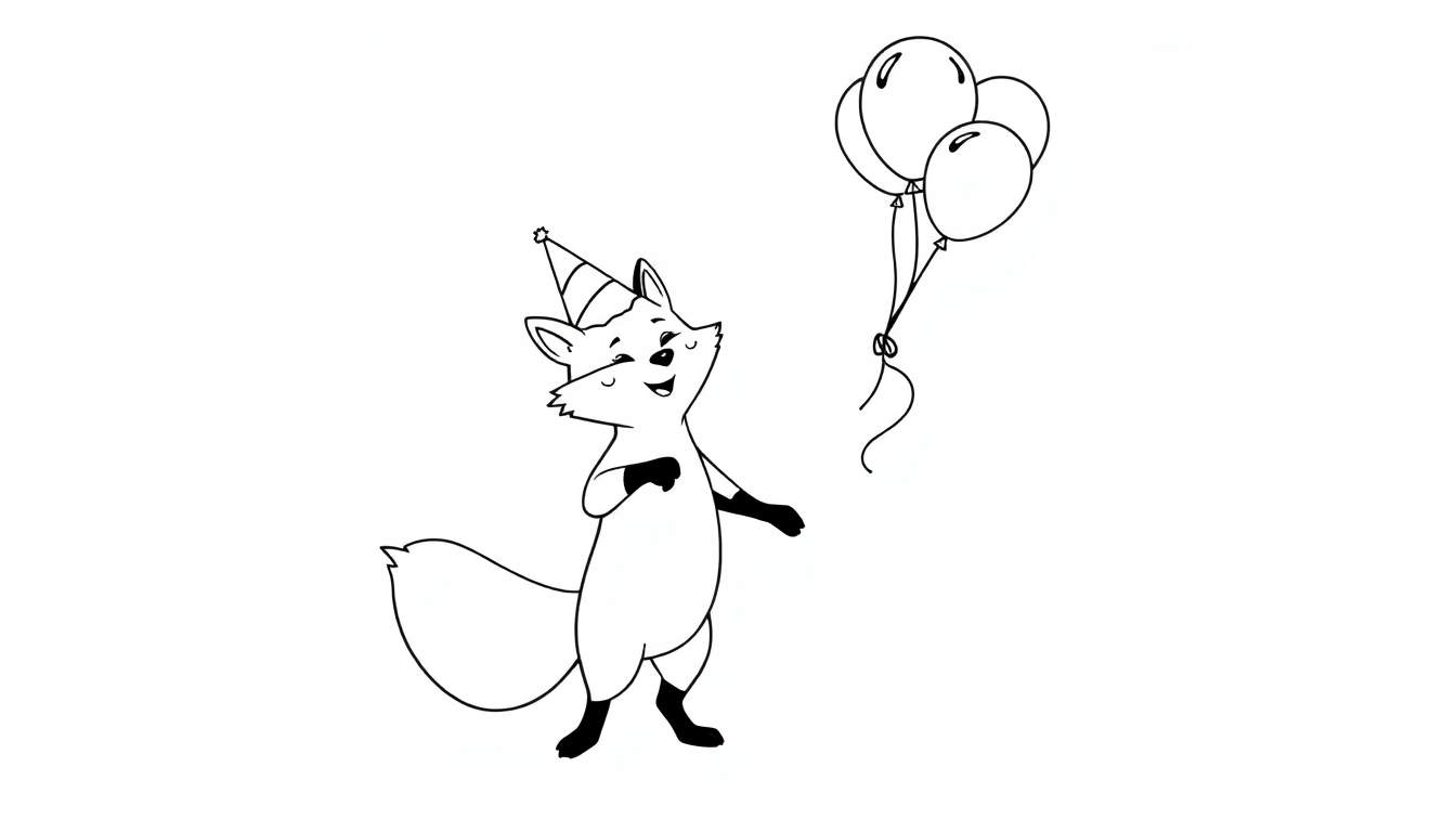 Een vrolijke vos in een feestmuts viert zijn verjaardag met ballonnen in deze kleurplaat.
