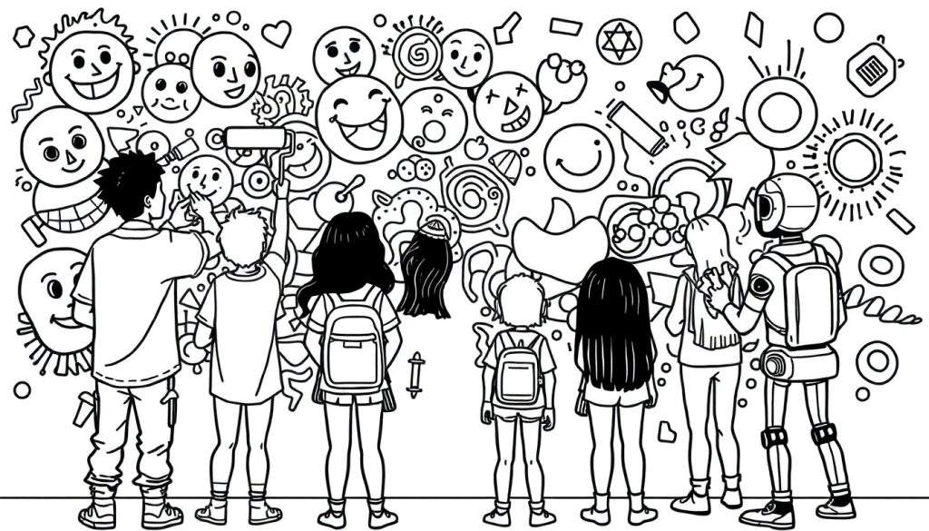 Kleurplaat van kinderen die naar een graffitimuur kijken, inclusief een robot.