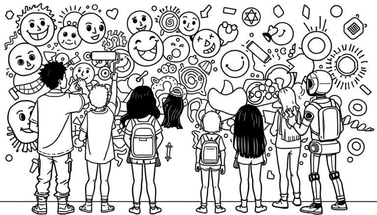 Kleurplaat van kinderen die naar een graffitimuur kijken, inclusief een robot.