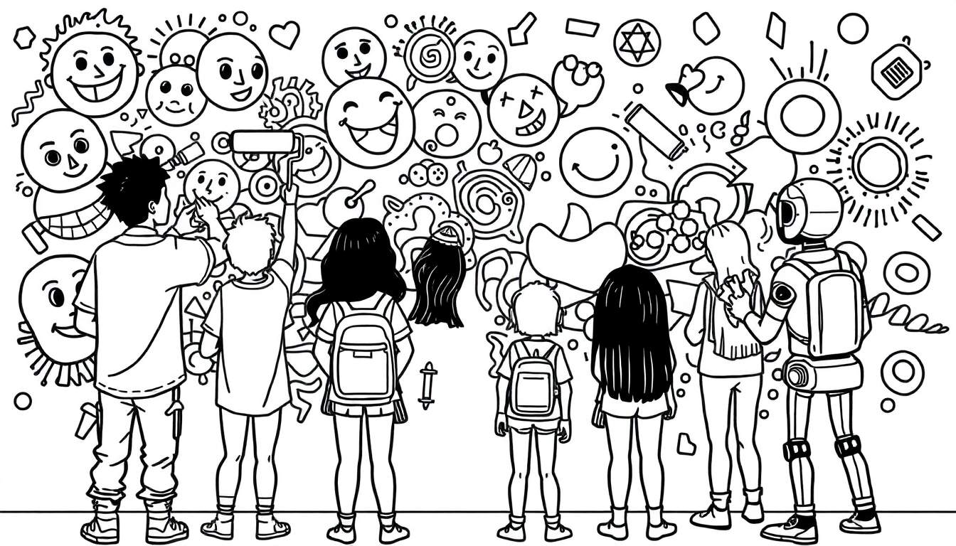 Kleurplaat van kinderen die naar een graffitimuur kijken, inclusief een robot.