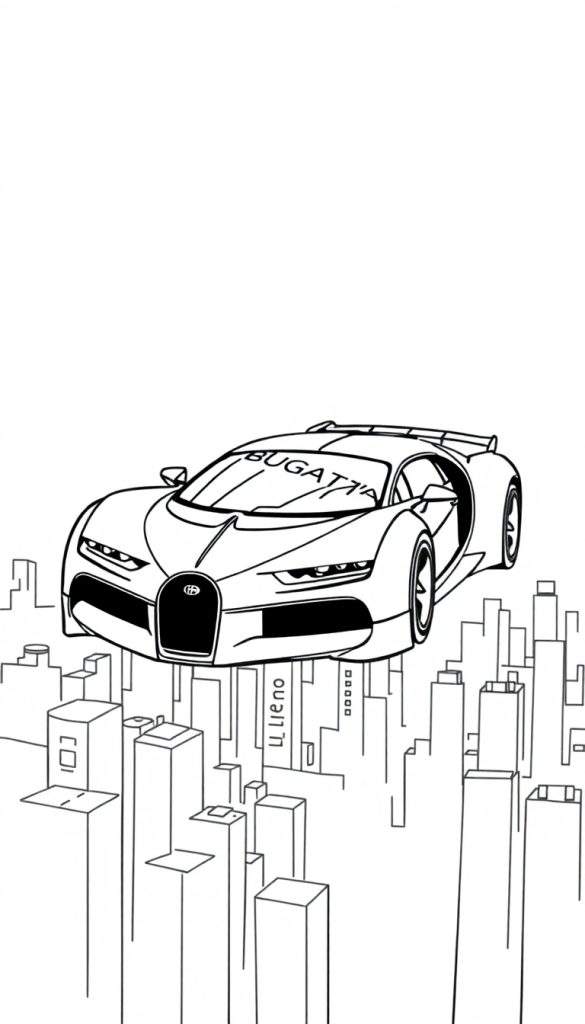 Zwart-witte tekening van een zwevende Bugatti boven een stad, perfect om in te kleuren.