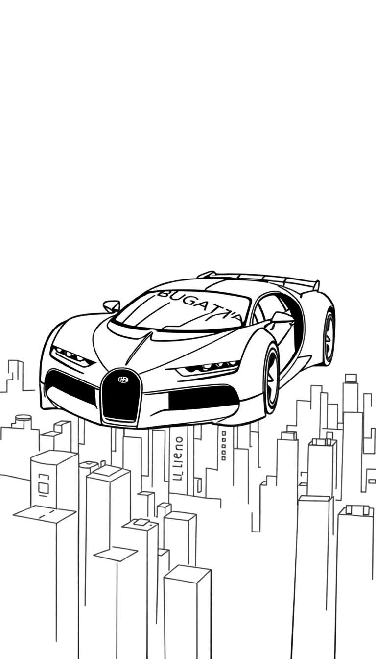 Zwart-witte tekening van een zwevende Bugatti boven een stad, perfect om in te kleuren.