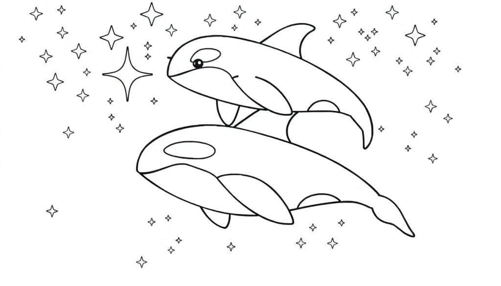 Kleurplaat van twee gestapelde orka's in een sterrenhemel.
