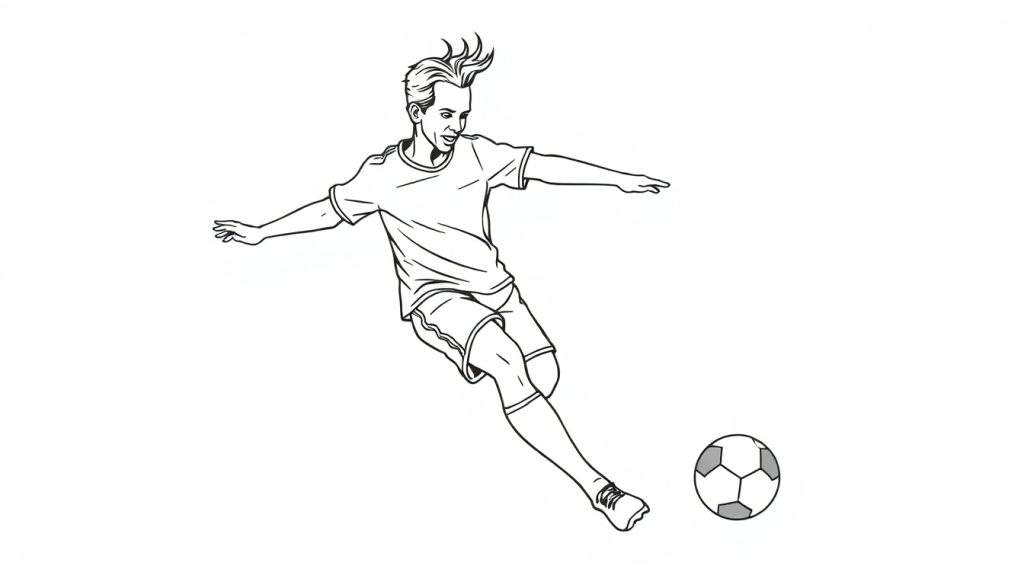 Zwart-wit tekening van een voetballer in actie, klaar om een bal te schoppen, in de stijl van een kleurplaat.