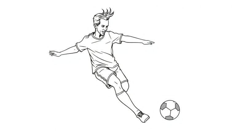 Zwart-wit tekening van een voetballer in actie, klaar om een bal te schoppen, in de stijl van een kleurplaat.