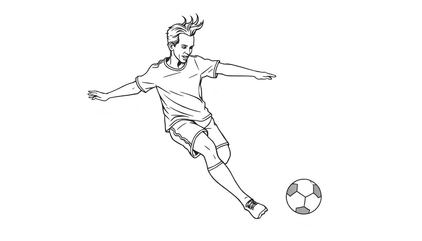 Zwart-wit tekening van een voetballer in actie, klaar om een bal te schoppen, in de stijl van een kleurplaat.