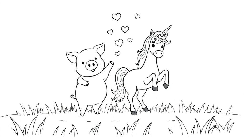 Kleurplaat van een vrolijk varkentje en een dappere eenhoorn die hand in hand staan met hartjes erboven.