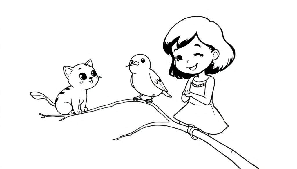 Kleurplaat van een meisje met een kat en een vogel op een tak.
