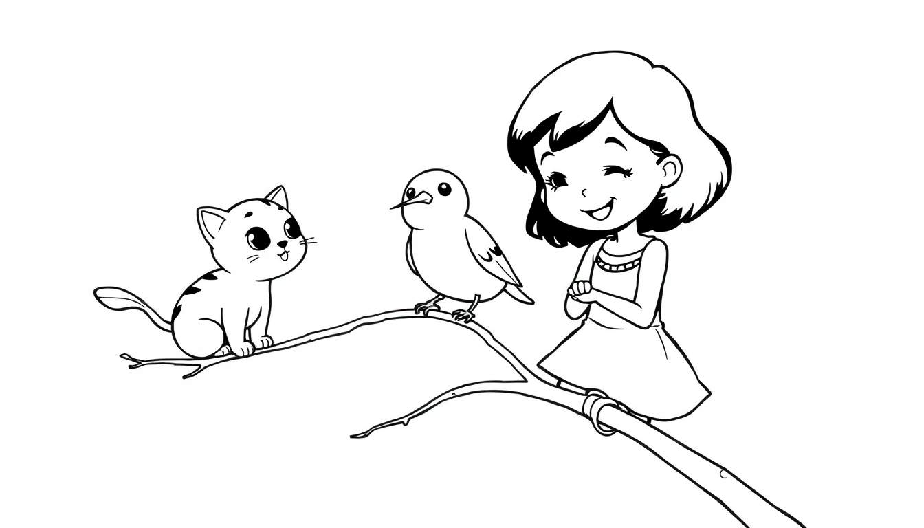 Kleurplaat van een meisje met een kat en een vogel op een tak.