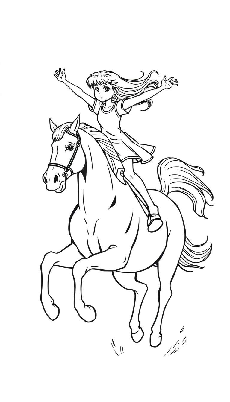 Kleurplaat van een vrolijk meisje op een springend paard.