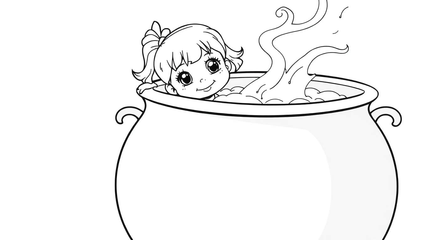 Zwart-wit kleurplaat van een vrolijk cartoonmeisje met een strik in haar haar, zittend in een grote ketel met stoom, klaar om ingekleurd te worden.