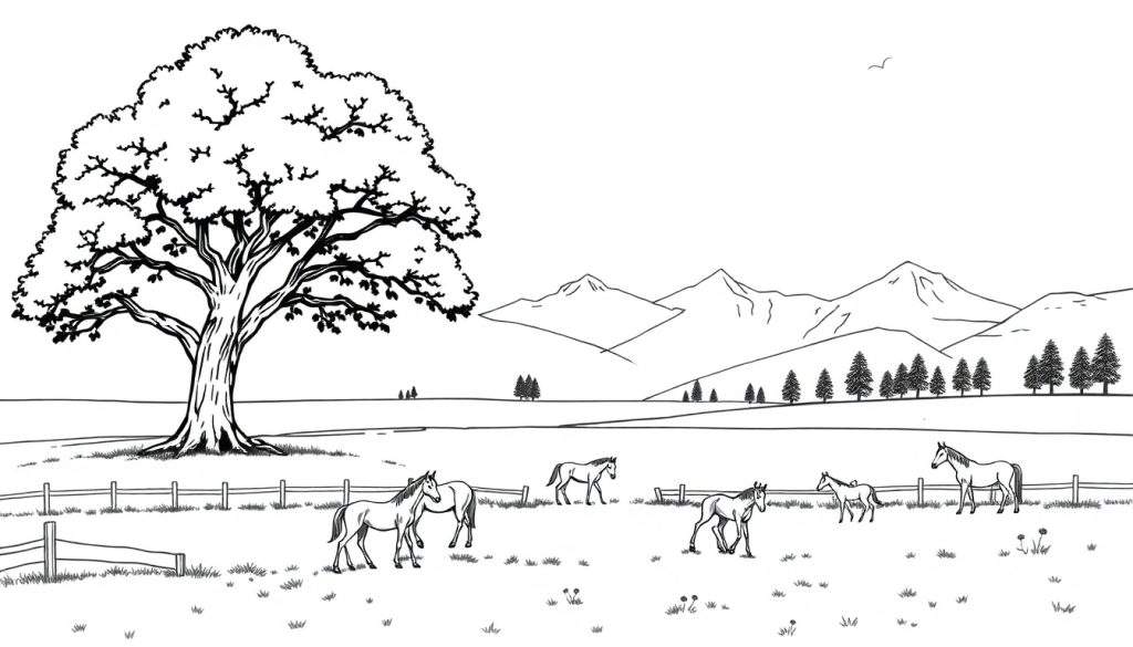 Kleurplaat van een weiland met paarden onder een grote boom, een hek, en bergen op de achtergrond.