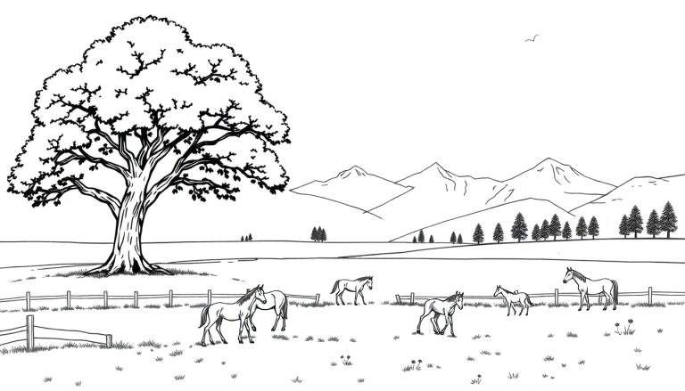 Kleurplaat van een weiland met paarden onder een grote boom, een hek, en bergen op de achtergrond.