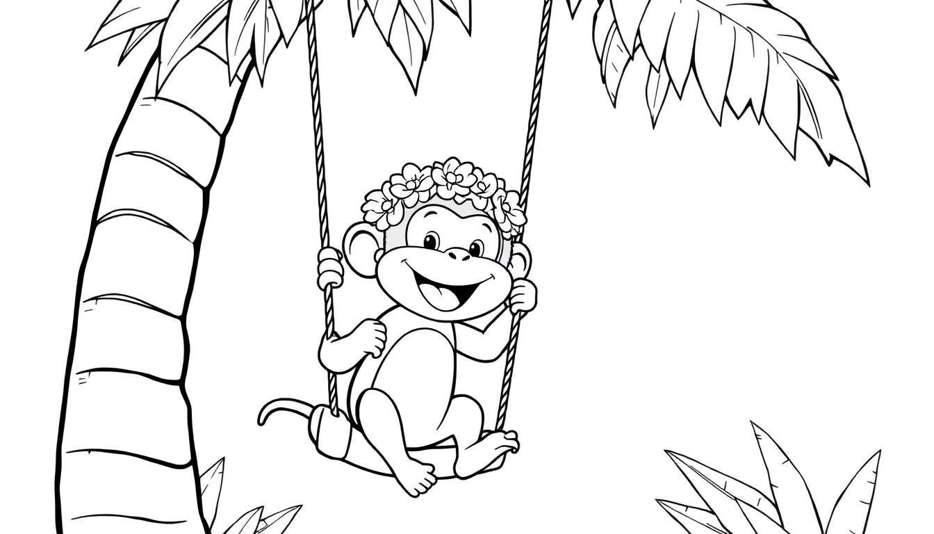 Kleurplaat van een lachende aap met een bloemenkrans op een schommel aan een palmboom.