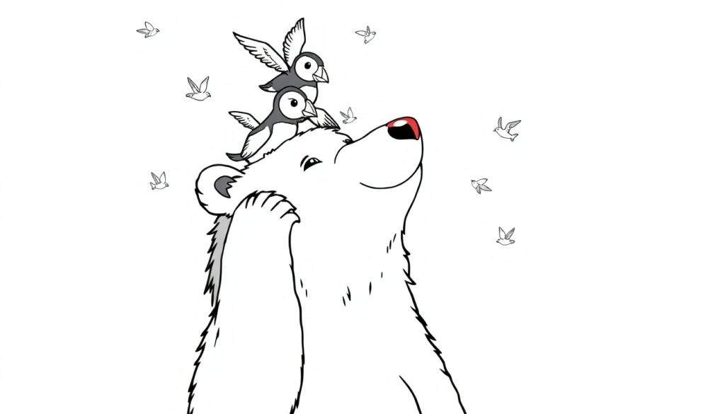 Kleurplaat van een witte beer met papegaaiduikers op zijn hoofd en vogels.