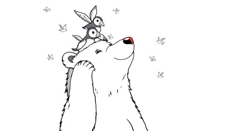 Kleurplaat van een witte beer met papegaaiduikers op zijn hoofd en vogels.