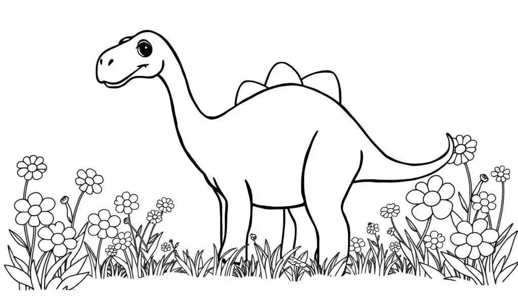 Kleurplaat van een vriendelijke Brachiosaurus tussen bloemen