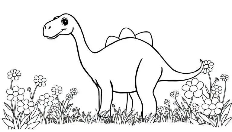 Kleurplaat van een vriendelijke Brachiosaurus tussen bloemen