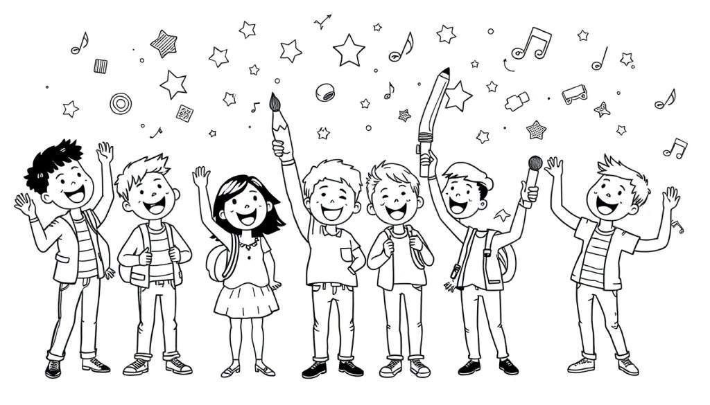 Een groep blije kinderen met schilderspullen en muziek in deze kleurplaat.