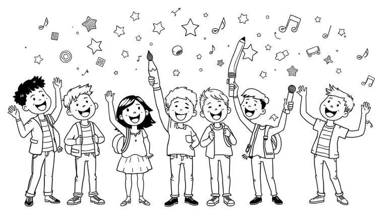 Een groep blije kinderen met schilderspullen en muziek in deze kleurplaat.