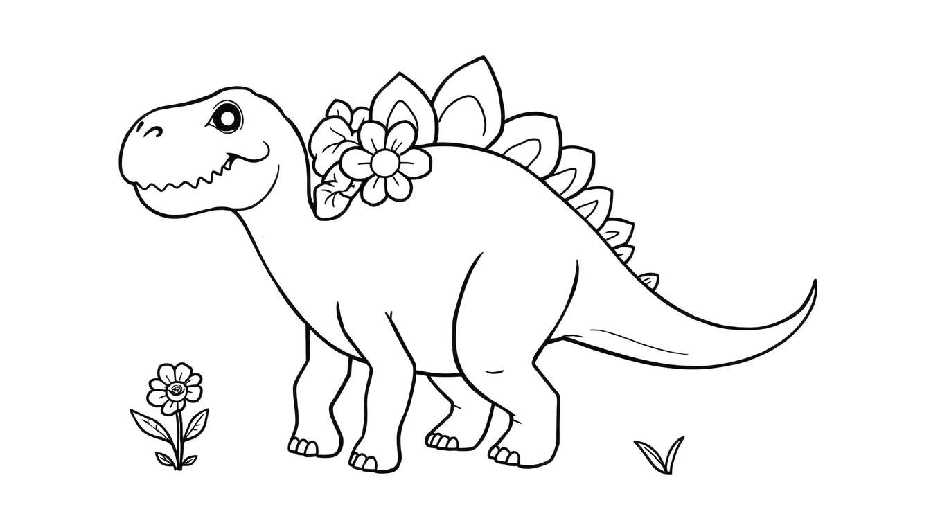 Schattige dinosaurus kleurplaat met bloemen