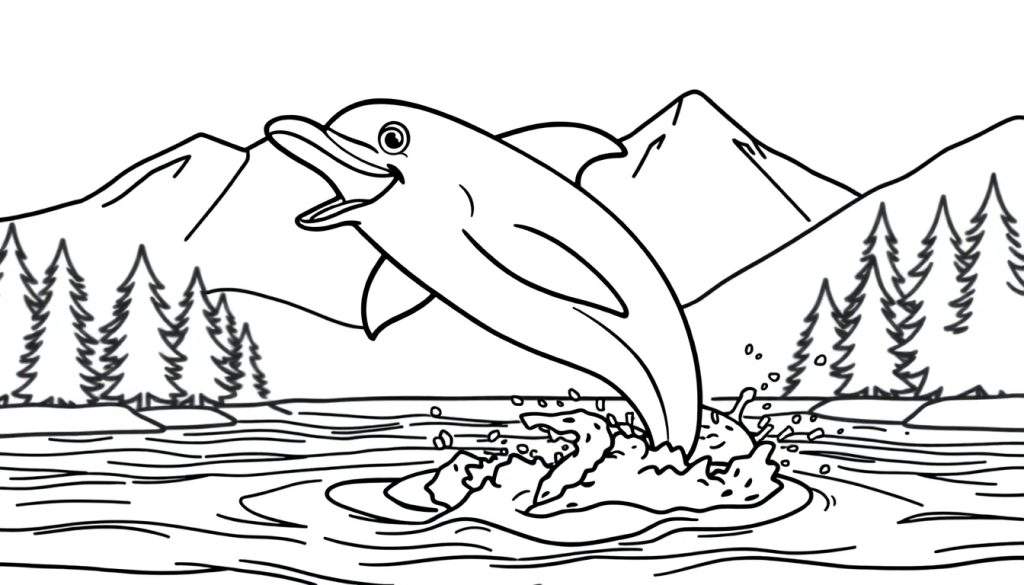 Zwart-wit kleurplaat van een springende dolfijn met bergen en bomen op de achtergrond.